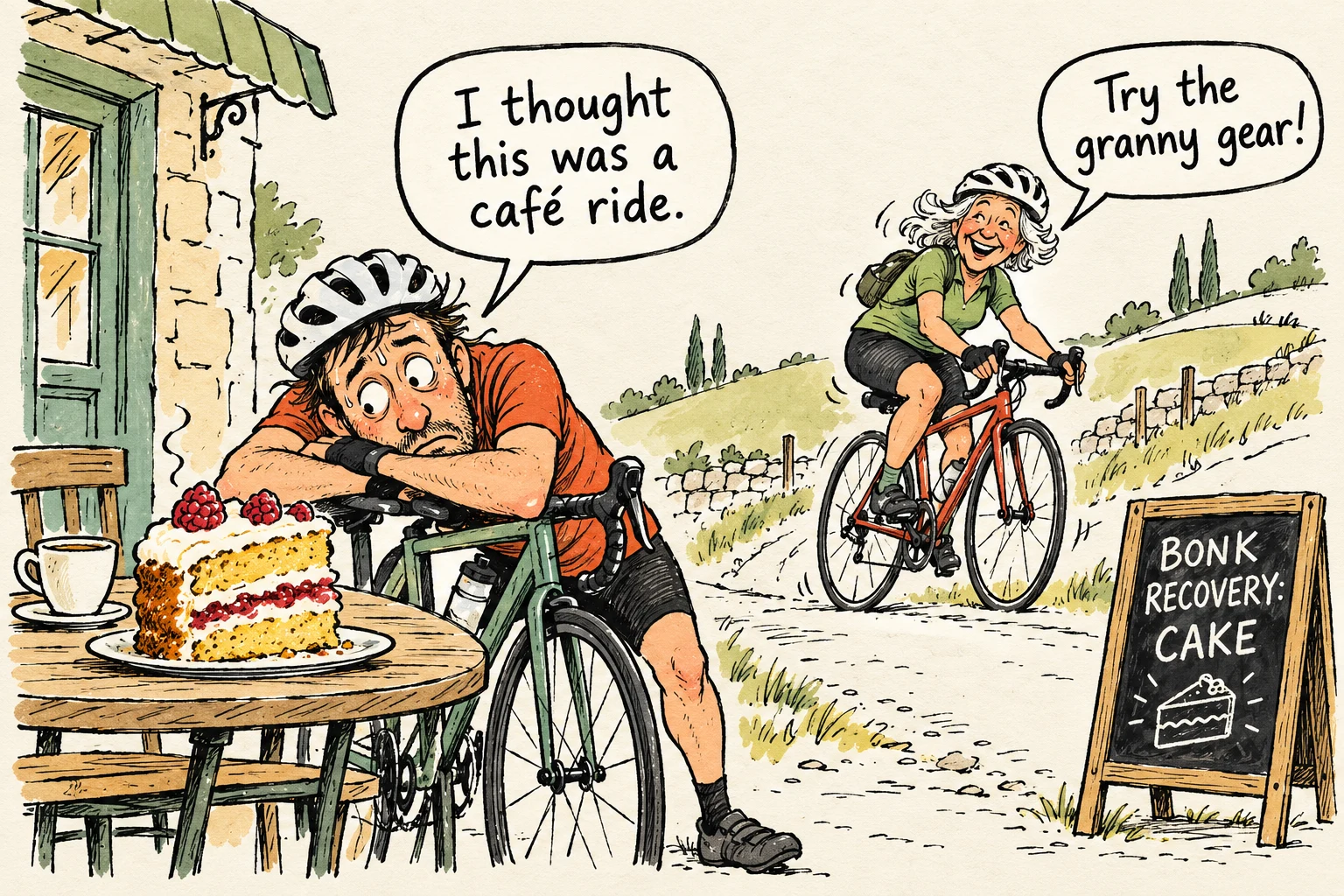 Cartoon of a tired cyclist eyeing café cake while an older rider suggests trying the granny gear