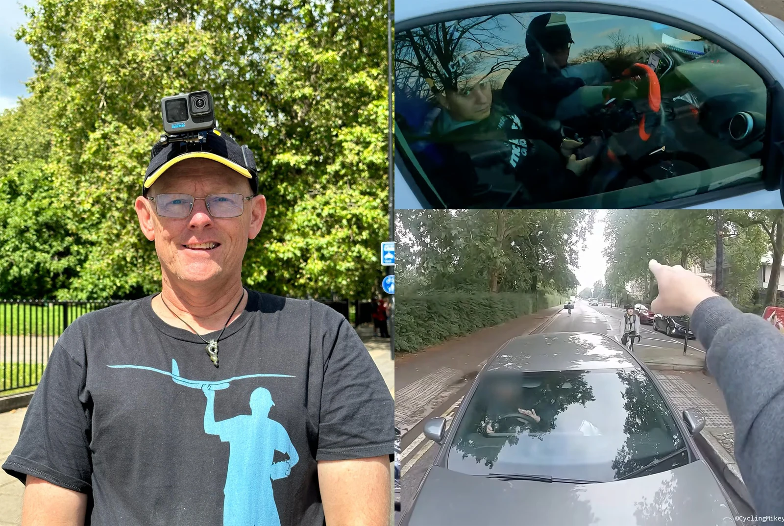 Cycling Mikey wearing a head-mounted camera, alongside two images from his road videos