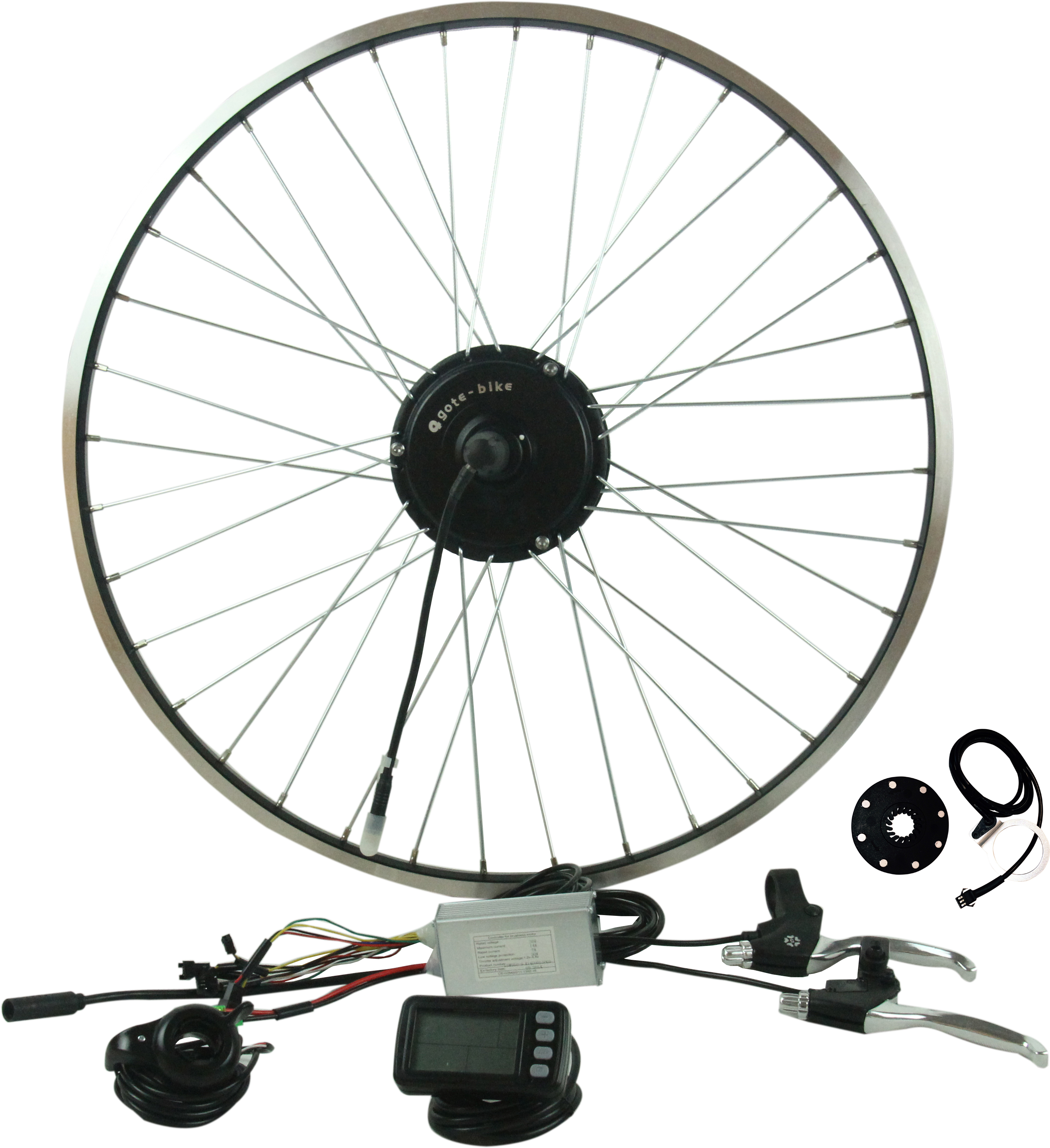 Electric bicycle conversion kit with hub-motor wheel, controller, display and wiring