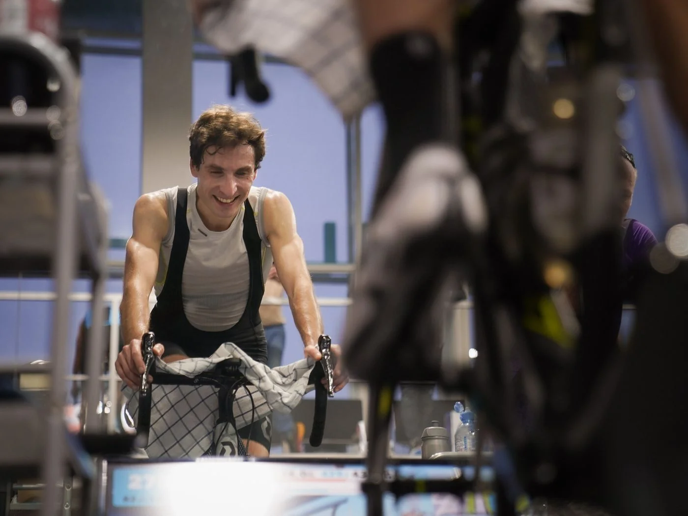 Cyclist training indoors on a stationary setup