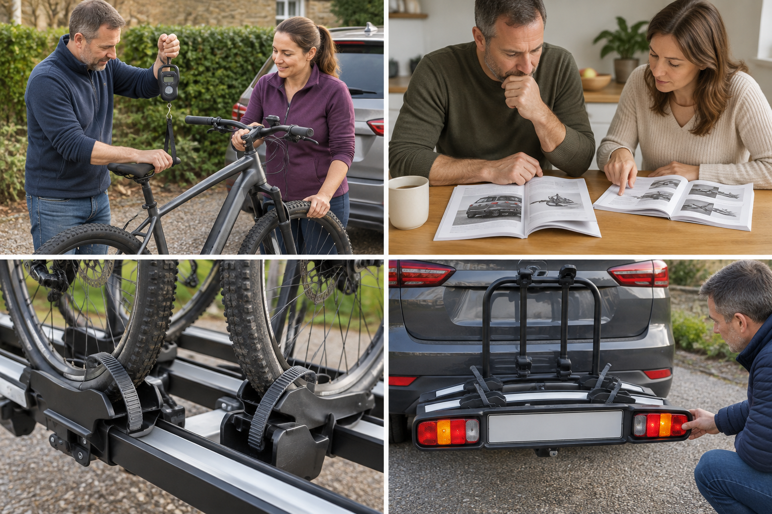 Adult safely holding bicycle upright while helper uses appropriate bicycle weighing scale, no unsafe lifting pose