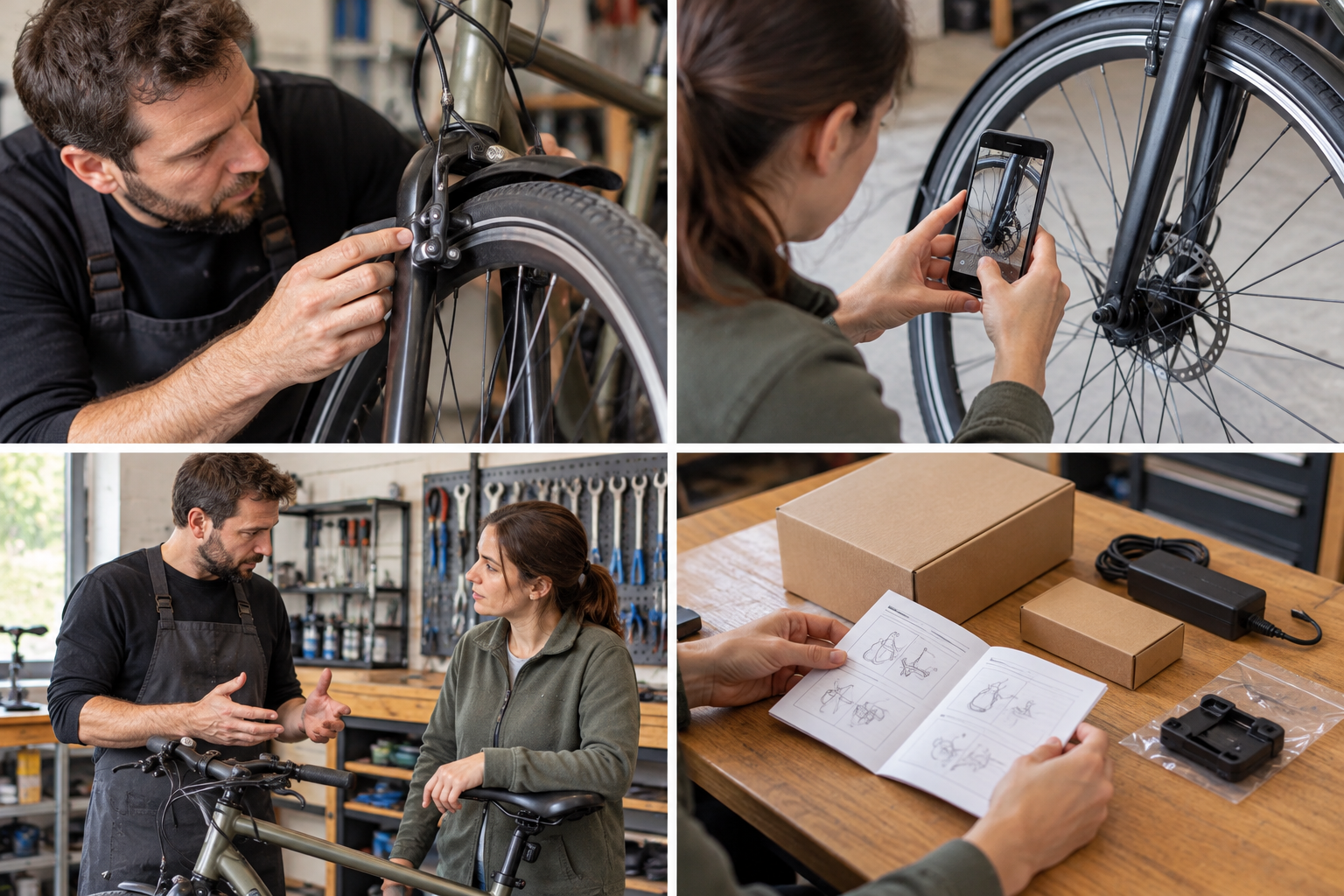 Workshop mechanic examining ordinary bicycle brake and wheel attachment, no modification being performed