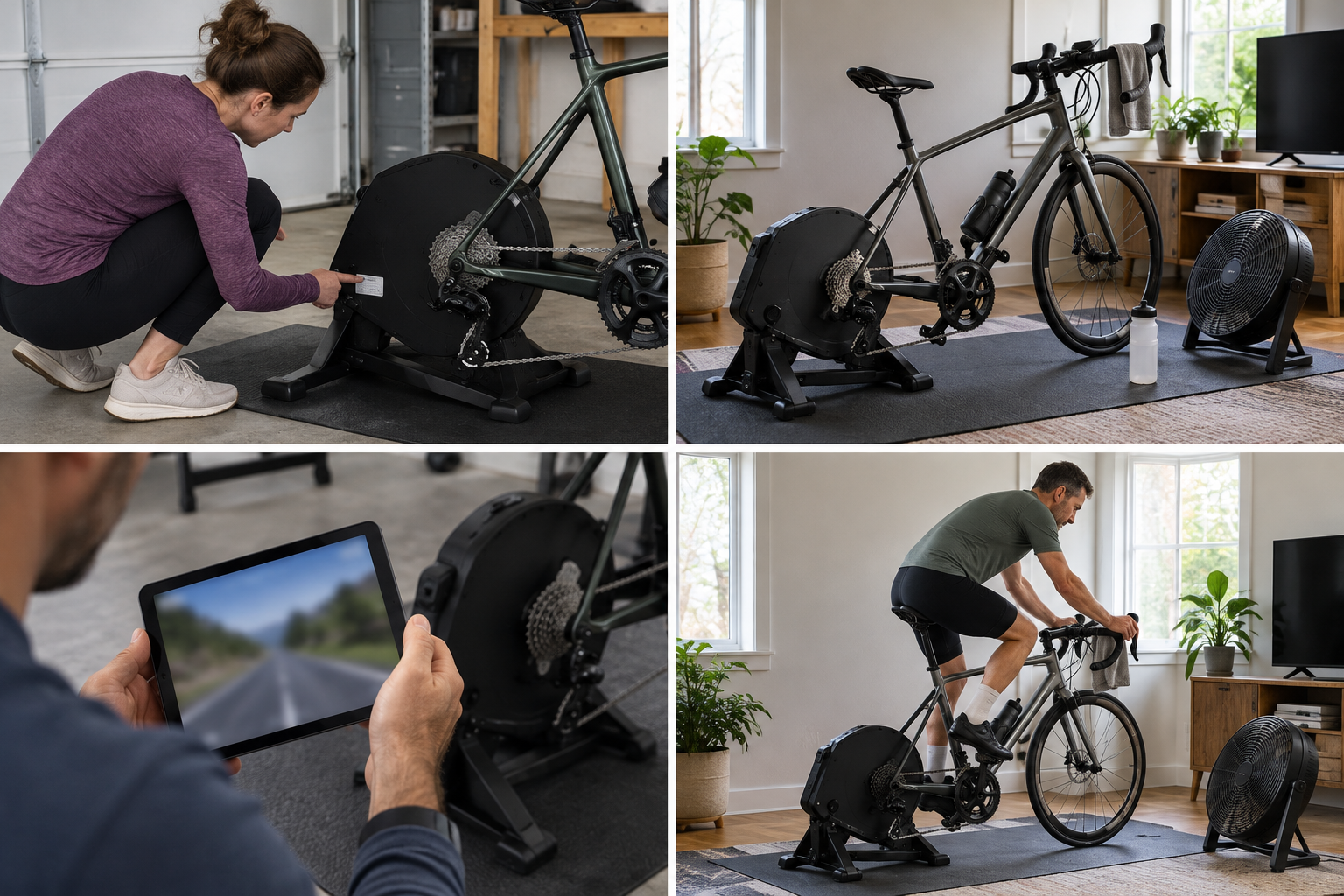Person looking at trainer model label behind bicycle on trainer, not riding