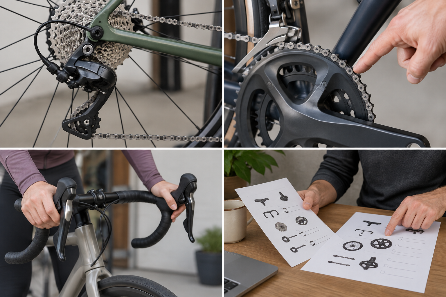 Close-up of rear derailleur and cassette on stationary road bicycle, all chain geometry mechanically plausible