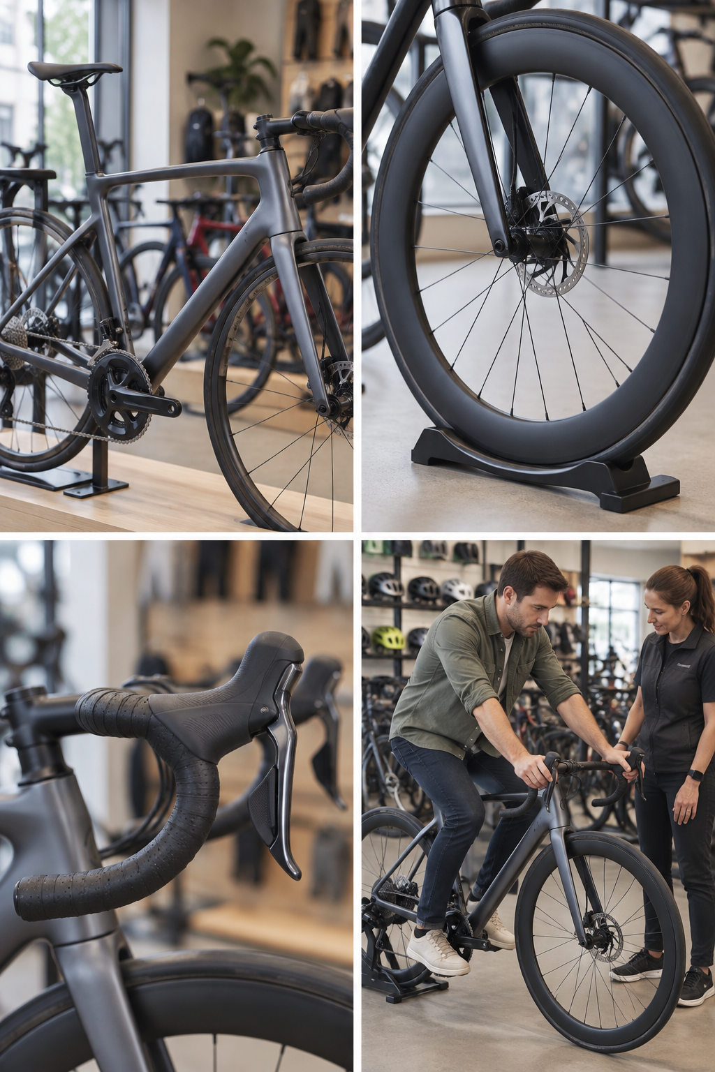 Generic unbranded road bike frame on shop display; not any athlete's actual bike