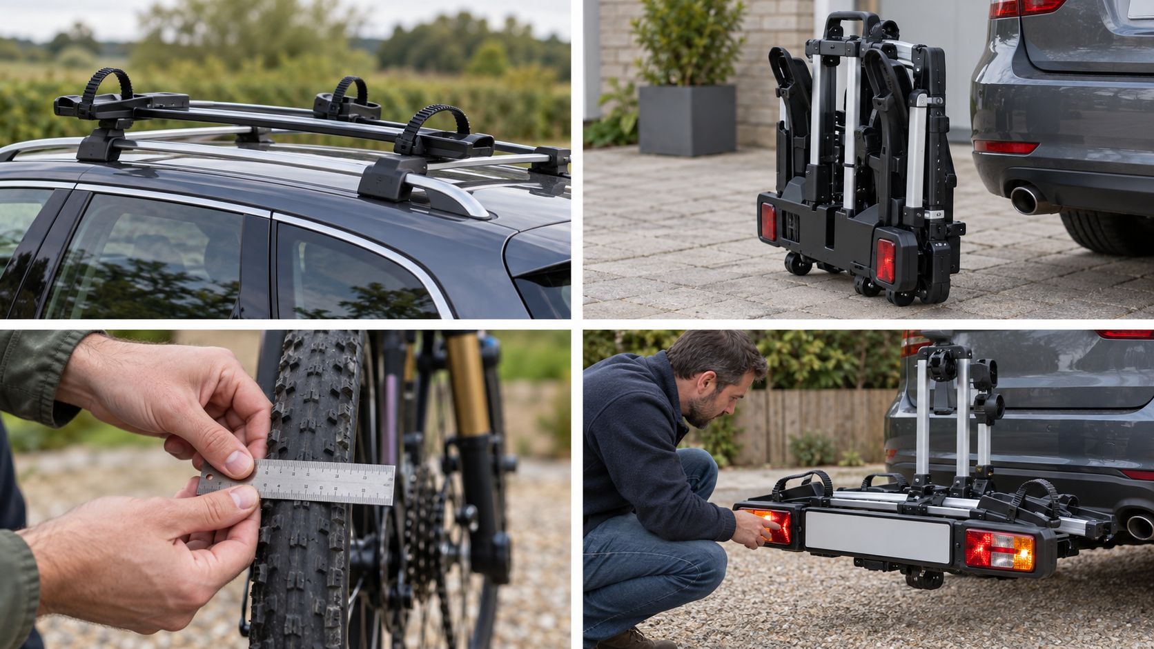 Roof mounted bicycle carrier and bars on parked car seen from side, unloaded
