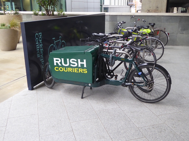 A courier cargo bicycle at Paddington Central in London