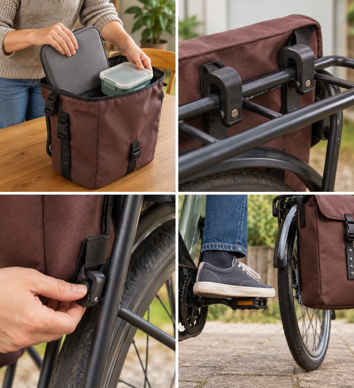 Person placing actual laptop sleeve and lunch box into open plain pannier on table