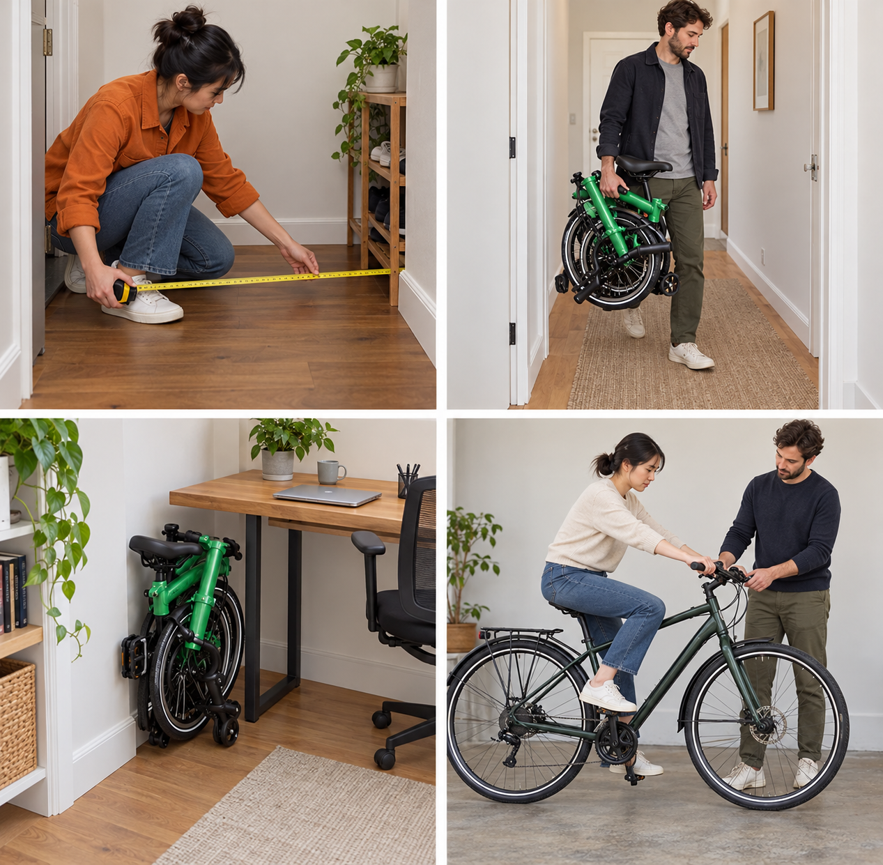 Person measuring intended bicycle storage space with tape in hallway