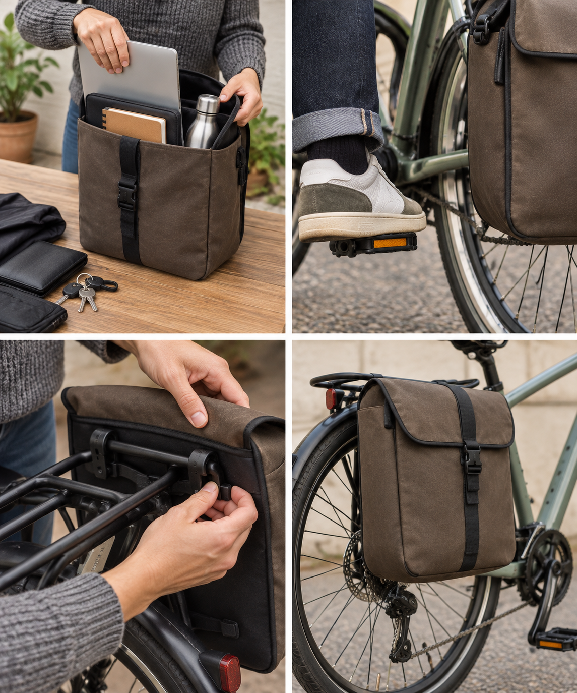 Person packing plain pannier with typical work belongings on table