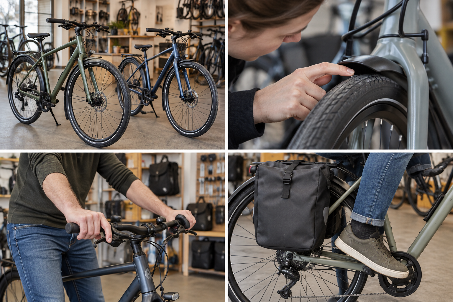 Two distinct unbranded flat-bar commuter bicycles in shop, not claimed branded models